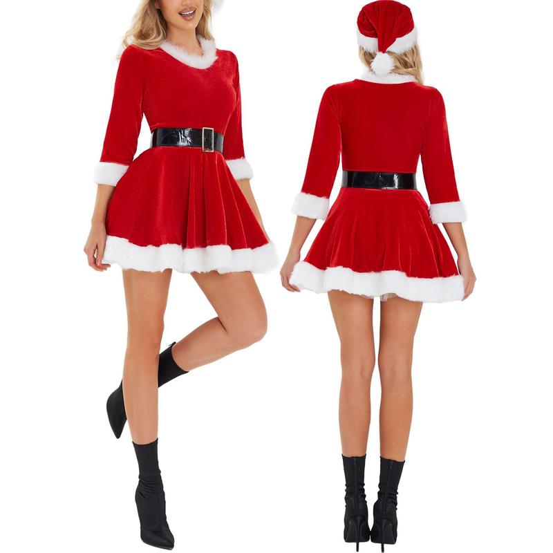 Women Christmas Dress Santa Cosplay Dress Plush Trim Velvet Round Neck 3 4 Sleeve Belt Dress with Hat Costume