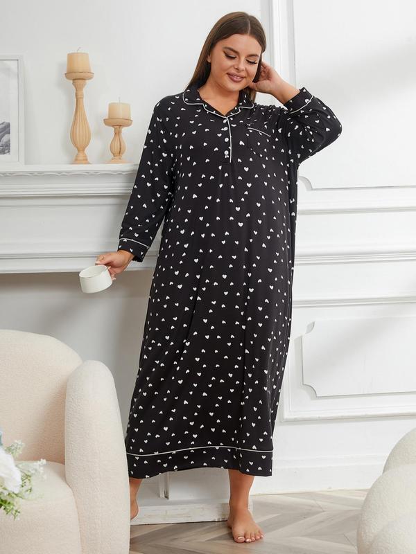 Plus Size Heart Print Pocket Button Front Nightdress, Home Wear Ideas, Casual All Over Print Collared Pajamas Dress, Comfort Homewear & Loungewear