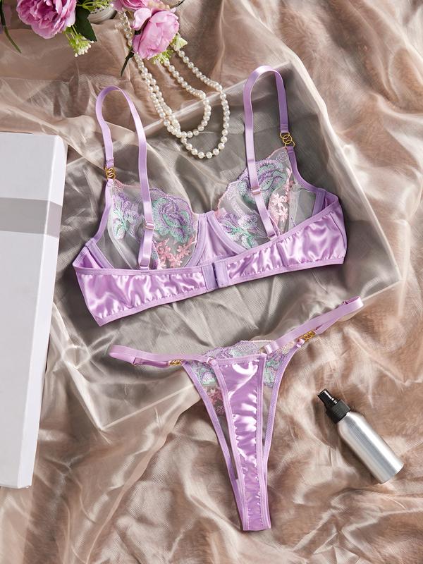 Women's sexy embroidered purple lingerie set