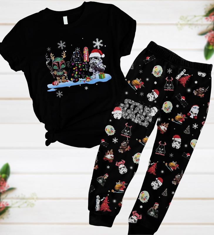 Christmas Pajamas Set, SWars Pajamas, Merry Christmas SWars Characters Pjm Set, Darth Vamder Xmas Shirt, Christmas Gift, Holiday Pajamas, pajamas, sleepwear, family uniforms, holiday wear, Clothing Casual Comfort Womenswear Sleeve