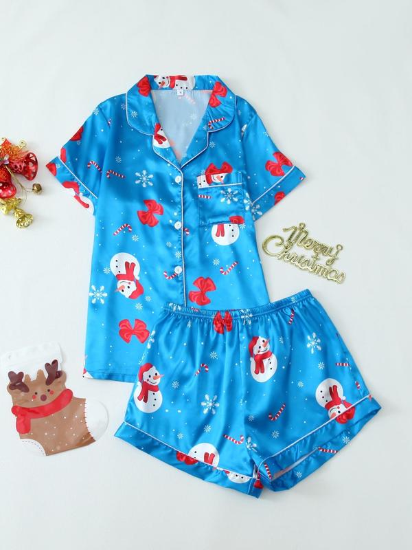 Two-Piece Set Women's Christmas Print Lapel Neck Button Front Shirt & Shorts Satin Pyjama, Casual Comfy Short Sleeve Top & Shorts Set, Ladies Sleepwear for All Seasons