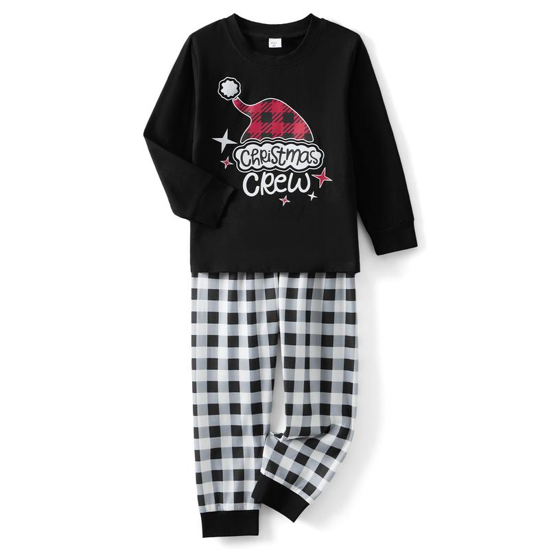 Christmas Pajamas for Family Long Sleeve Santa Hat Print Tops + Stripes Pants Set Holiday Sleepwear