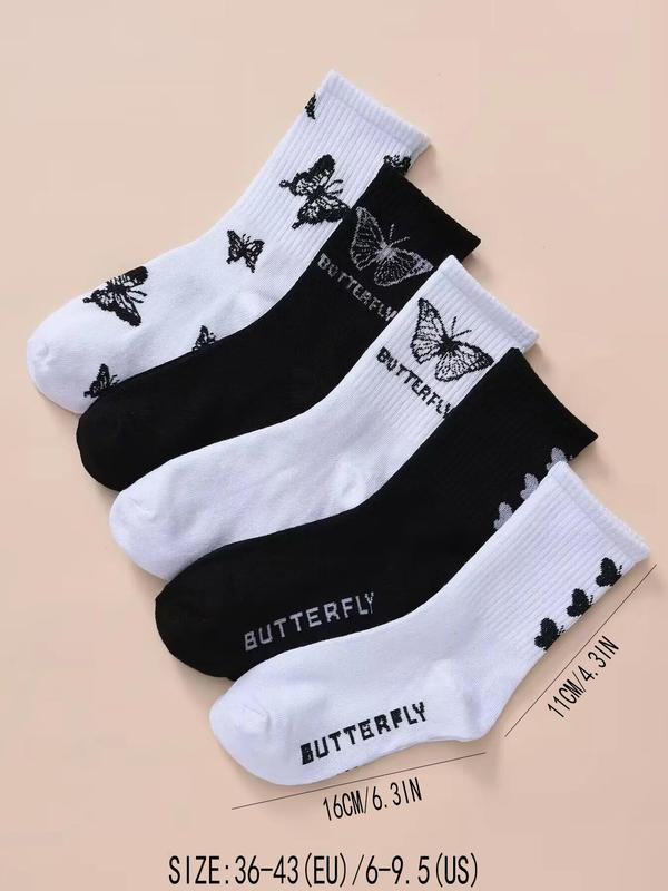 Women's Butterfly Print Crew Socks Set, Fashion Casual Cozy Letter Graphic Midi Crew Socks For Daily Outdoor Wear, Summer Wear 2024, Women Socks For All Seasons