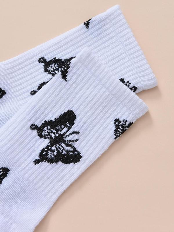 Women's Butterfly Print Crew Socks Set, Fashion Casual Cozy Letter Graphic Midi Crew Socks For Daily Outdoor Wear, Summer Wear 2024, Women Socks For All Seasons