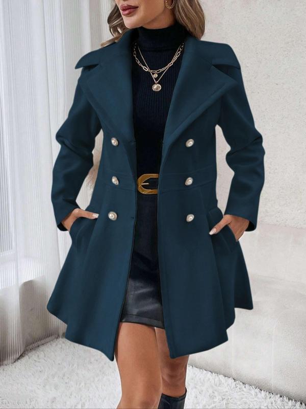 Women's Solid Double Button Lapel Pea Coat, Elegant Fashion Long Sleeve Pocket Design Coat for Daily Outdoor Wear, Women Clothing for Fall & Winter