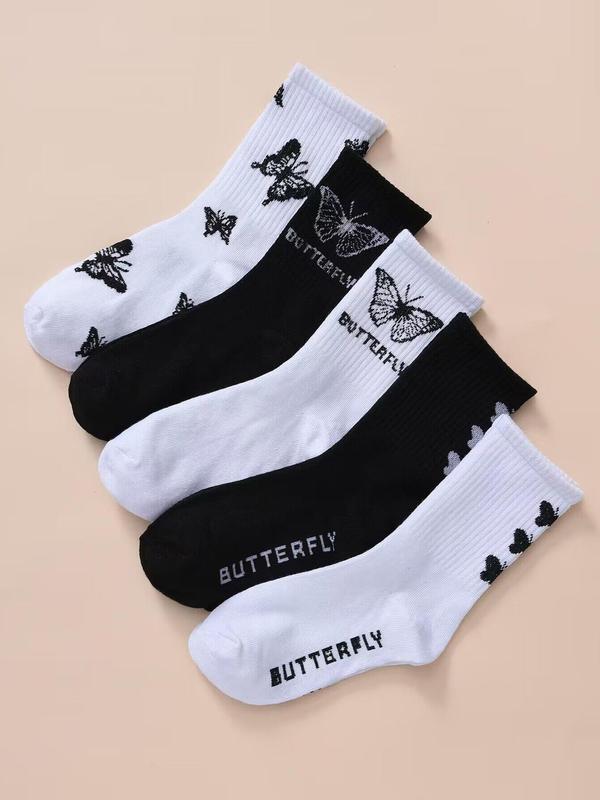 Women's Butterfly Print Crew Socks Set, Fashion Casual Cozy Letter Graphic Midi Crew Socks For Daily Outdoor Wear, Summer Wear 2024, Women Socks For All Seasons