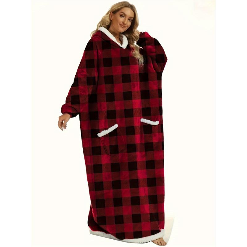 Plus Size Womens Flannel Loungewear Robe - Super Soft Hooded Wearable Blanket with Pockets for Cozy Casual Days