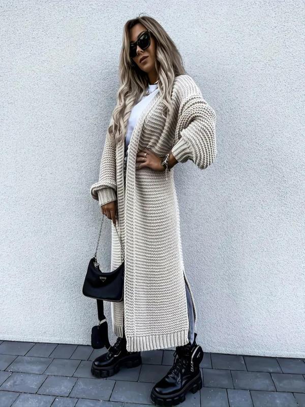 Women's Solid Color Split Hem Drop Shoulder Long Cardigan, Casual Long Sleeve Open Front Knitwear for Fall & Winter, Women's Knit Clothing for Daily Wear