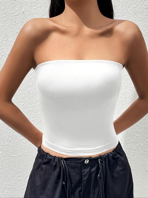 Women's Solid Color Strapless Tube Top, Casual Fashion Short Top for Summer, Ladies Clothes for Daily Wear