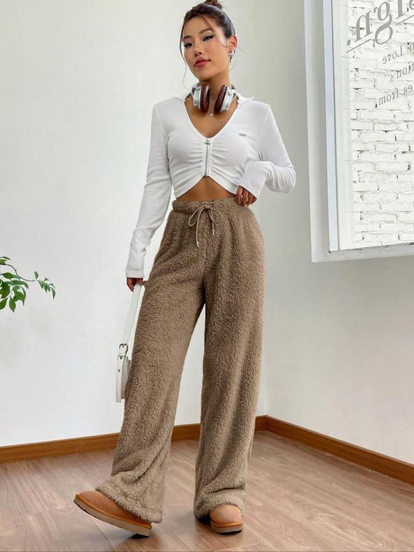 Women's Solid Color Wide Leg Pants, Fashion Casual Comfy Trousers for Daily Outdoor Wear, Ladies Bottoms for Fall & Winter