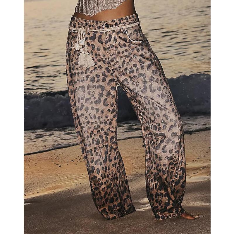 Women's Baggy Barrel Jeans Casual Boyfriend Mid Rise Leopard Printed Wide Leg Denim Ankle Pants casual jean wide leg jeans