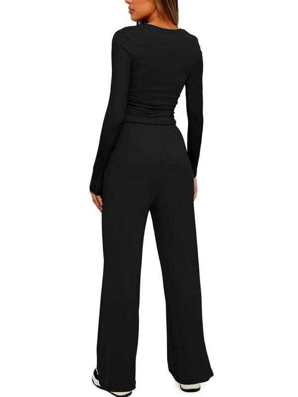 Women's Solid Ruched Drawstring Lounge Set, Casual Long Sleeve Round Neck Top & Elastic Waist Pants, Ladies Sleepwear for All Seasons