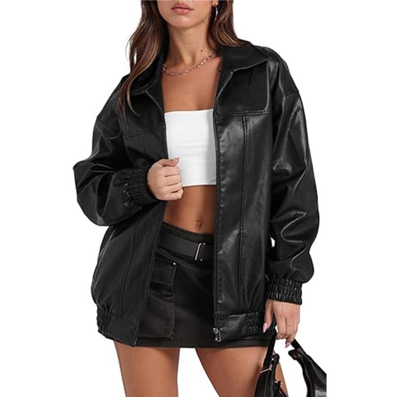 PU Leather Jacket Long Sleeve Lapel Zipper Side Pocket Casual Trench Coat Women