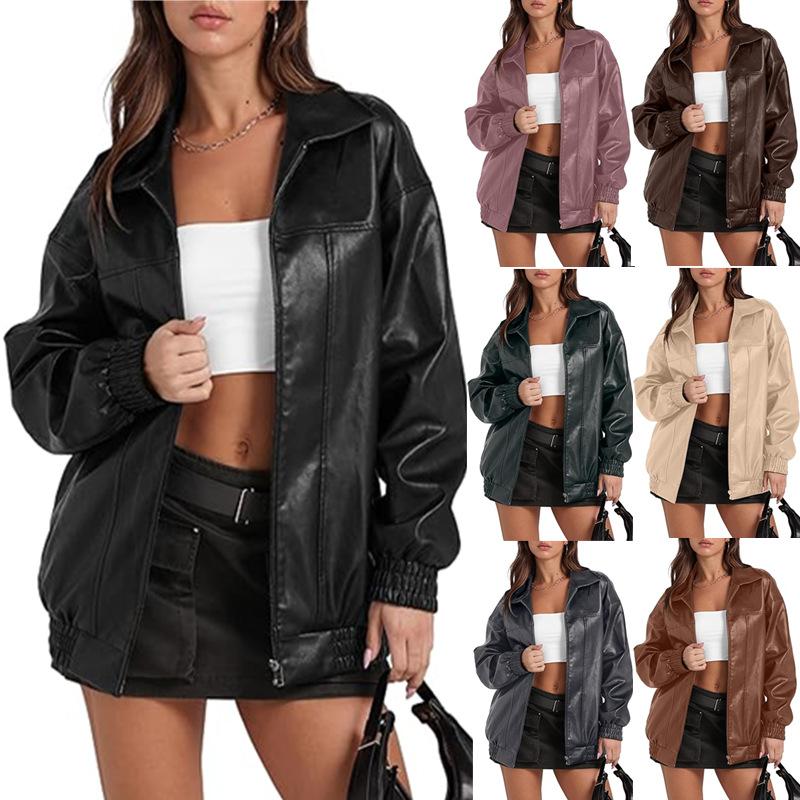 PU Leather Jacket Long Sleeve Lapel Zipper Side Pocket Casual Trench Coat Women