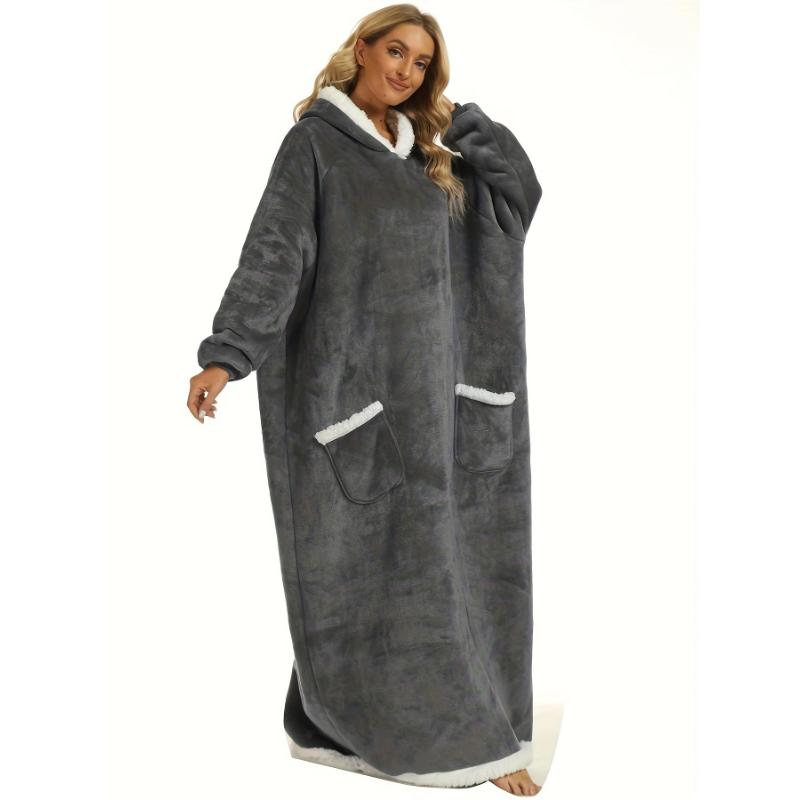 Plus Size Womens Flannel Loungewear Robe - Super Soft Hooded Wearable Blanket with Pockets for Cozy Casual Days