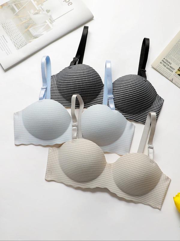 Women's 3pcs Gingham Print Scallop Trim Wireless Bra, Comfortable Breathable Soft Adjustable Strap Push Up Bra for Daily Wear, Lingerie for All Seasons