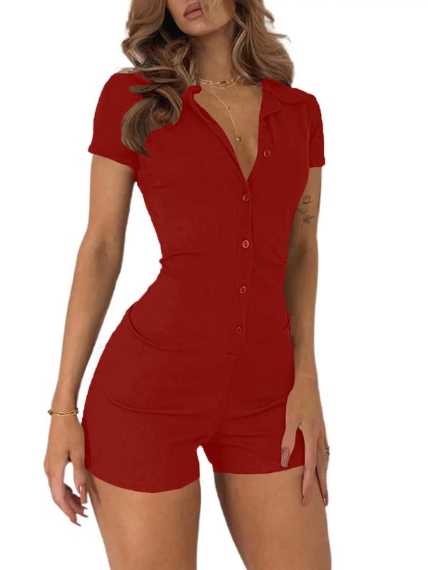 Women's Plain Button Front Collar Romper, Casual Short Sleeve Bodycon Romper, Ladies Summer Clothes for Daily Wear