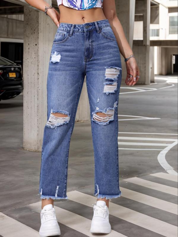 Women's Plain Ripped Raw Hem Straight Leg Jeans, Casual Fashion Denim Pants for Daily Wear, Jeans for Women, Ladies Bottoms for Fall & Winter