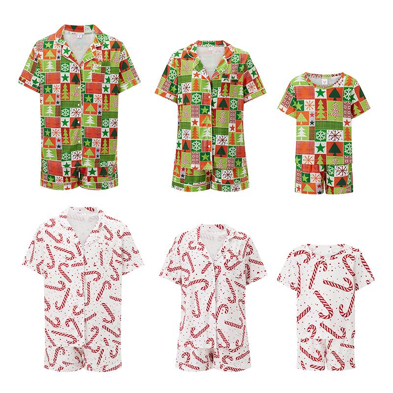 Christmas Family Pajamas Matching Set Christmas Tree Candy Print Tops and Drawstring Shorts Sleepwear