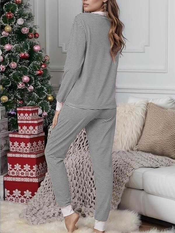 @shopwithjulie Collection Women's Christmas Striped Print V Neck Tee & Drawstring Waist Pants Lounge Sets, Relaxed Pajamas Sets Women, Pj Sets for Women, Casual Comfy Long Sleeve Top & Trousers for Fall & Winter, Lady's Sleepwear