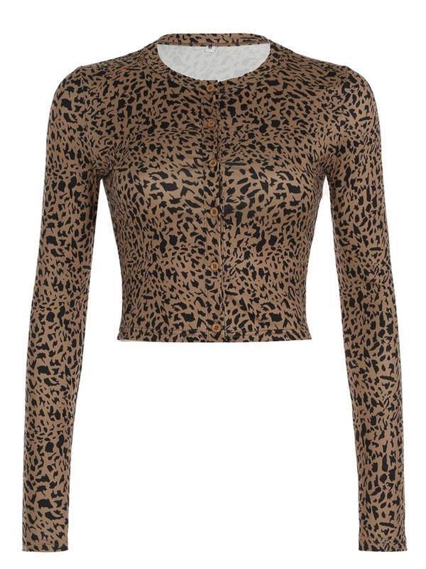 Women's Leopard Print Button Front Crop Tee, Casual Long Sleeve Round Neck T-shirt  for Fall & Winter, Women's Clothes for Daily Wear