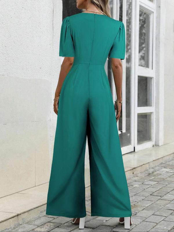 Women's Plain Ruched Plicated Puff Sleeve Wide Leg Jumpsuit, Elegant V Neck Short Sleeve High Waist Jumpsuit For Summer, Ladies Clothes For Vacation Holiday Party