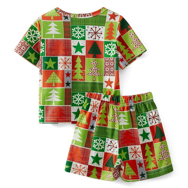 Christmas Family Pajamas Matching Set Christmas Tree Candy Print Tops and Drawstring Shorts Sleepwear