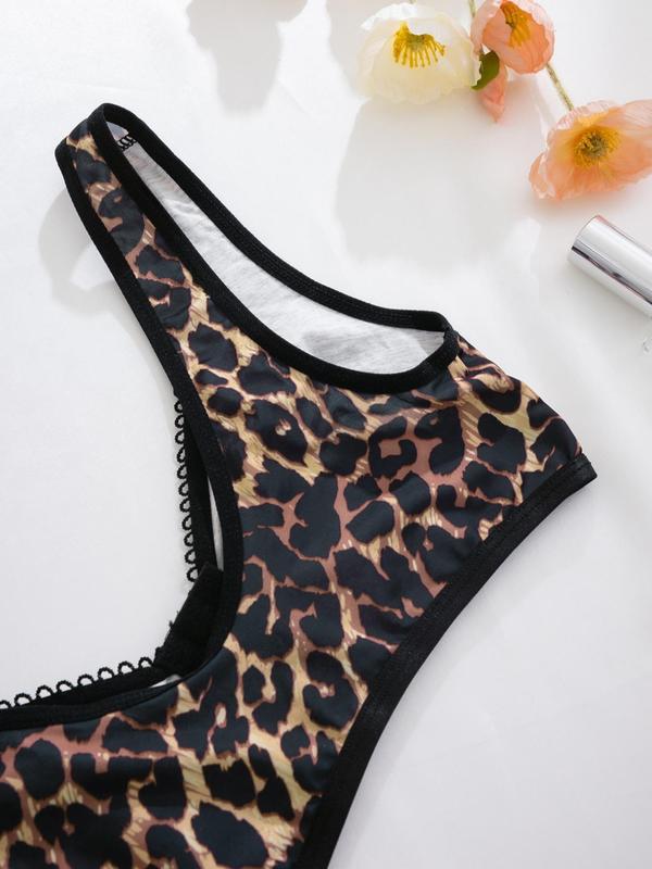 Women's Solid Color Leopard Print Push Up Scallop Trim Bra, Soft Comfy Breathable Hooks Front Wireless Lingerie Top, Lingerie for All Seasons Underwear Sets