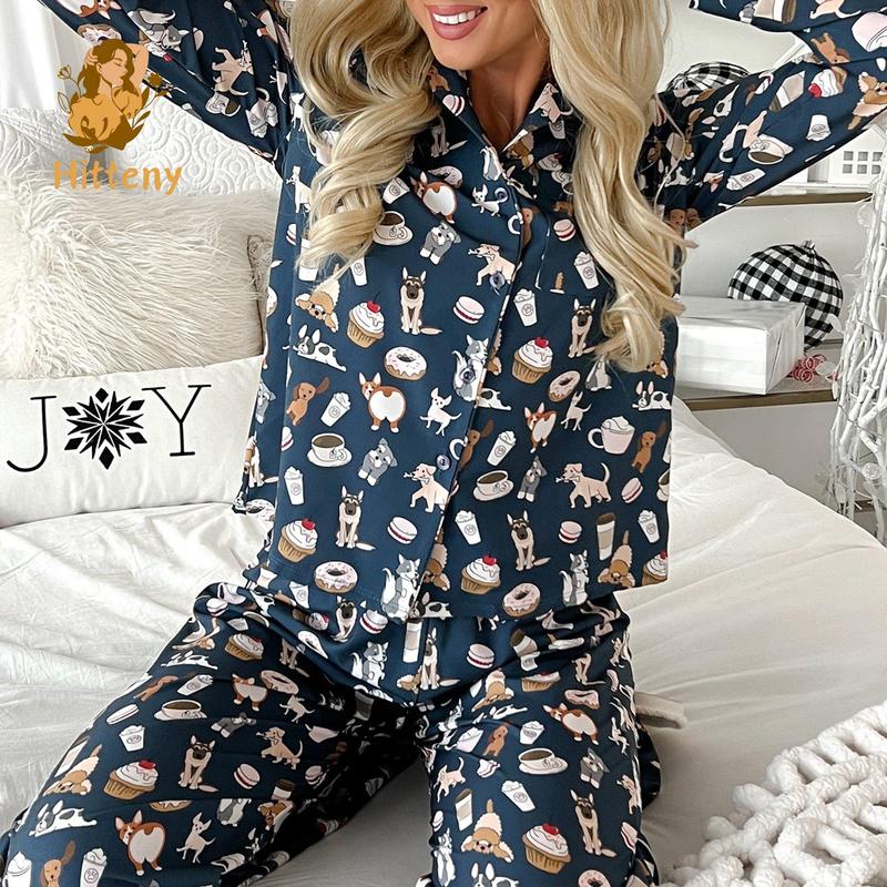 Women Christmas Pajamas Lounge Set Santa Christmas Tree Print Long Sleeve Tops and Pants 2 Piece Loungewear Outfits Nightwear Womenswear