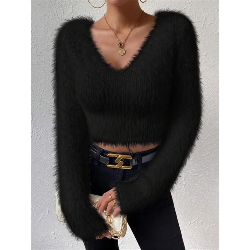 2024 New Arrival Hot Sale Autumn and Winter New Solid Color and V-neck Slim Fit All-Match Plush Short Women's Sweater