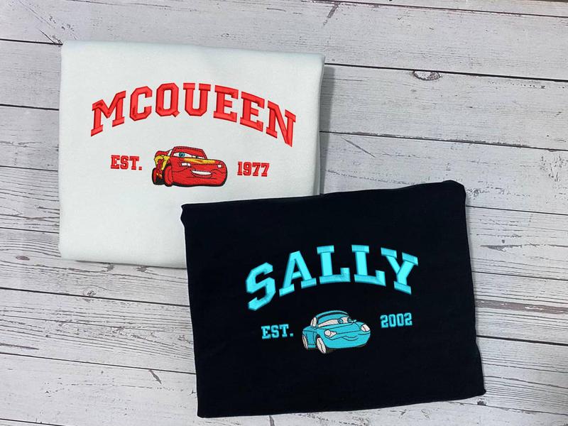 Cars Couple Embroidered Sweatshirt, Cartoon Mcqueen x Sally x Mater Embroidered Sweatshirts, Trending Crewneck, Vintage shirt, Embroidery Shirt, Gift For Him ECT003-005