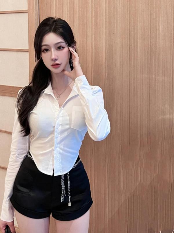 Women's Plain Pocket Button Front Crop Blouse, Fall Outfits, Shirts for Women, Casual Long Sleeve Collared Top for Spring & Fall, Going Out Tops, Fall Clothing Women, Ladies Clothes for Daily Wear