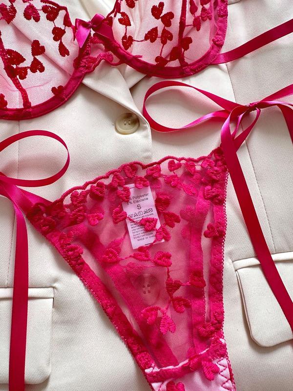 Women's Heart Embroidery Sheer Sexy Lingerie Two-piece Set, Adjustable Strap  Push Up Bra & Tie Side  Thong Set, Lingerie Set for Women