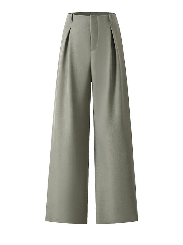 Women's Solid Color Plicated Pocket Wide Leg Pants, Elegant Aesthetic Flattering Zipper Fly High Waist Trousers for Work Office Business, Ladies Spring & Fall Clothes