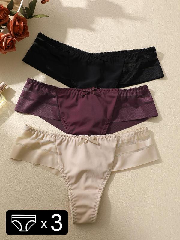 Women's 3pcs Bow Decor Contrast Lace Panty, Sexy Solid Minimalist Low Waist Thong, Women's Knicker for All Seasons, Comfort Womenswear for Daily Wear