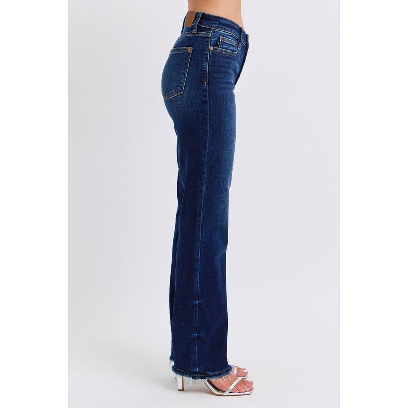 JUDY BLUE MID RISE STRAIGHT LEG JEANS W  FRAY HEM