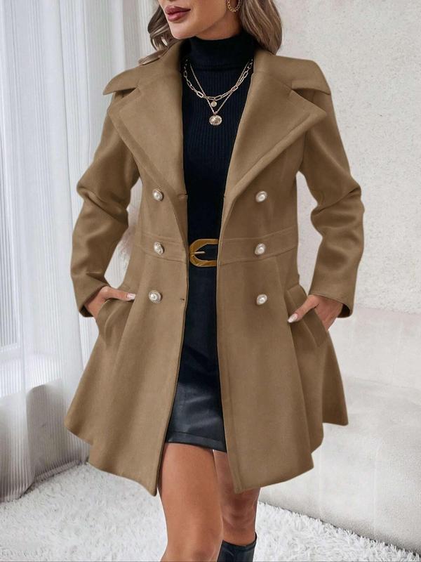 Women's Solid Double Button Lapel Pea Coat, Elegant Fashion Long Sleeve Pocket Design Coat for Daily Outdoor Wear, Women Clothing for Fall & Winter