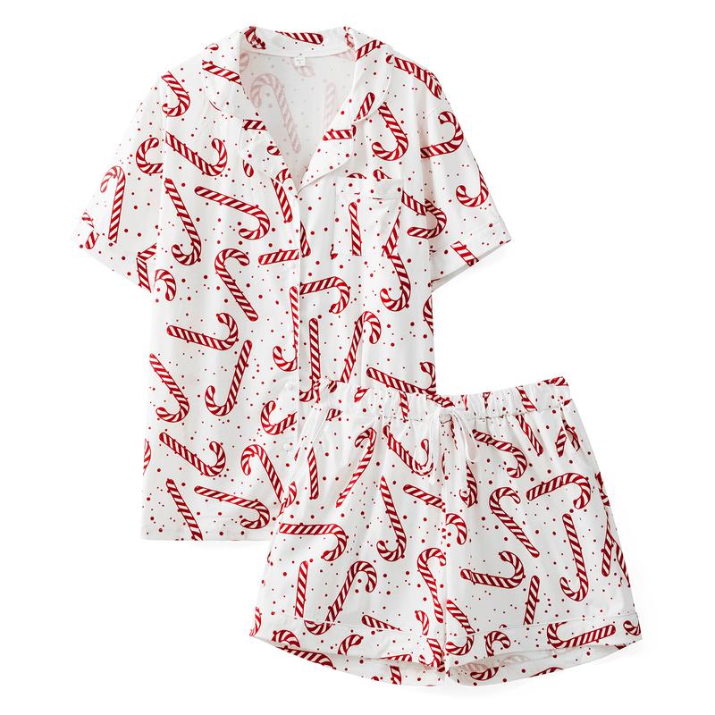 Christmas Family Pajamas Matching Set Christmas Tree Candy Print Tops and Drawstring Shorts Sleepwear