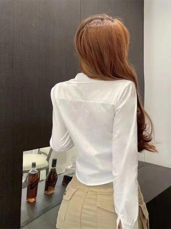 Women's Plain Pocket Button Front Crop Blouse, Fall Outfits, Shirts for Women, Casual Long Sleeve Collared Top for Spring & Fall, Going Out Tops, Fall Clothing Women, Ladies Clothes for Daily Wear