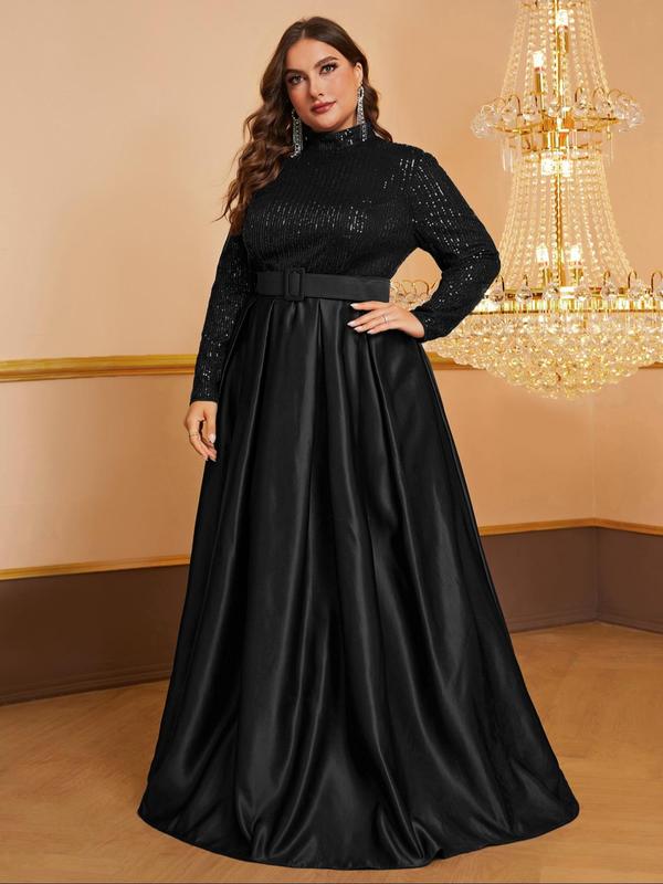 Plus Size Glitter Sequins Belted Fit & Flare Dress, Elegant Mock Neck Long Sleeve Maxi Dress for Party & Banquet, Women's Plus Size Clothes for All Seasons, Plus Size Dresses, Elegant Formal Dresses, Birthday Dresses 2024, Dresses for Women