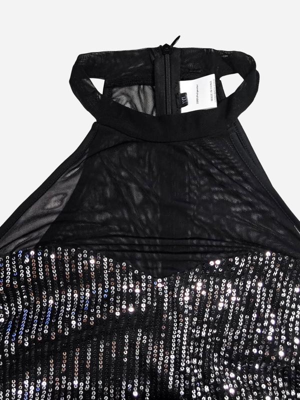 Plus Size Glitter Sequin Mesh Insert Split Thigh Halter Bodycon Dress, Sexy Elegant Sleeveless Asymmetrical Hem Midi Dress for Party Dating Club Wear, Women's Plus Size Clothes for Summer