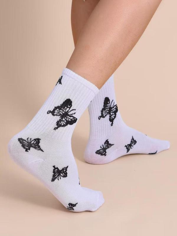 Women's Butterfly Print Crew Socks Set, Fashion Casual Cozy Letter Graphic Midi Crew Socks For Daily Outdoor Wear, Summer Wear 2024, Women Socks For All Seasons