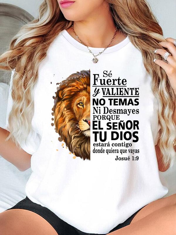 Women's Lion & Letter Print Round Neck Tee, Casual Short Sleeve Crew Neck T-shirt for Summer, Fashion Women's Top for Daily Wear