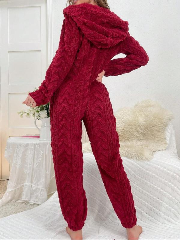 Women's Solid Color Half Zip Hooded Pajama Onesie, Casual Long Sleeve Pocket Design Sleep Jumpsuit for Fall & Winter,  Pajama Sets Women, Women's Sleepwear for Indoor Wear