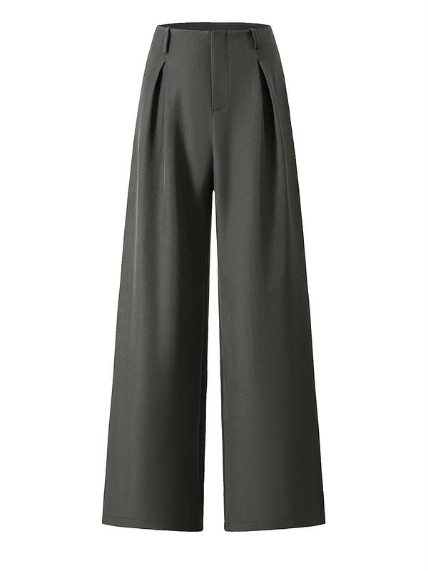 Women's Solid Color Plicated Pocket Wide Leg Pants, Elegant Aesthetic Flattering Zipper Fly High Waist Trousers for Work Office Business, Ladies Spring & Fall Clothes