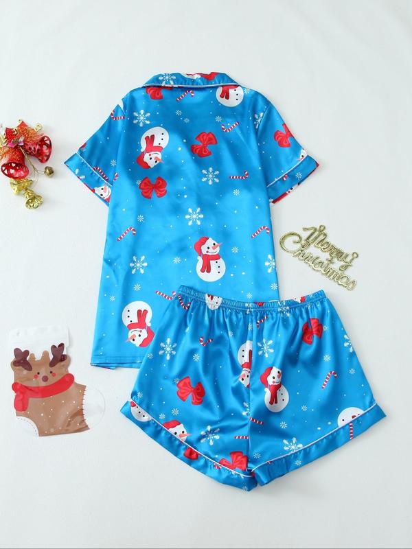 Two-Piece Set Women's Christmas Print Lapel Neck Button Front Shirt & Shorts Satin Pyjama, Casual Comfy Short Sleeve Top & Shorts Set, Ladies Sleepwear for All Seasons