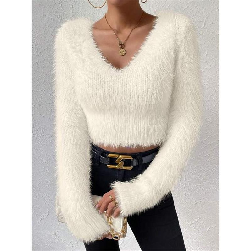 2024 New Arrival Hot Sale Autumn and Winter New Solid Color and V-neck Slim Fit All-Match Plush Short Women's Sweater