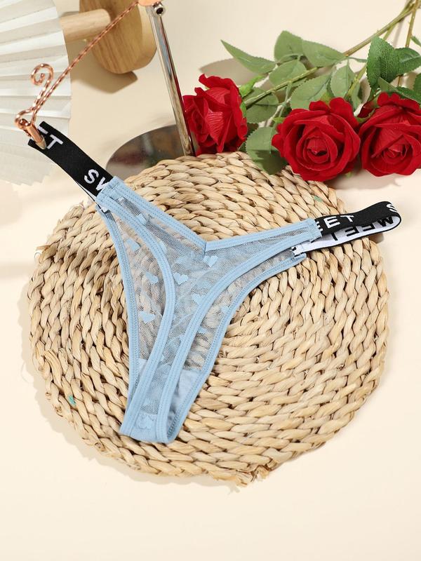 Women's Heart Pattern Letter Tape Waist Sheer Tulle Thong, Breathable Comfortable Thong for Daily Wear, Women's Underwear for All Seasons