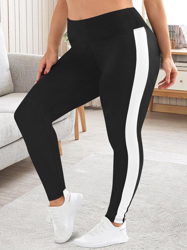  Colorblock Side Stripe High Waist Leggings, Casual Comfy High Stretch Skinny Pants for Women, Women's Bottoms for Spring & Fall