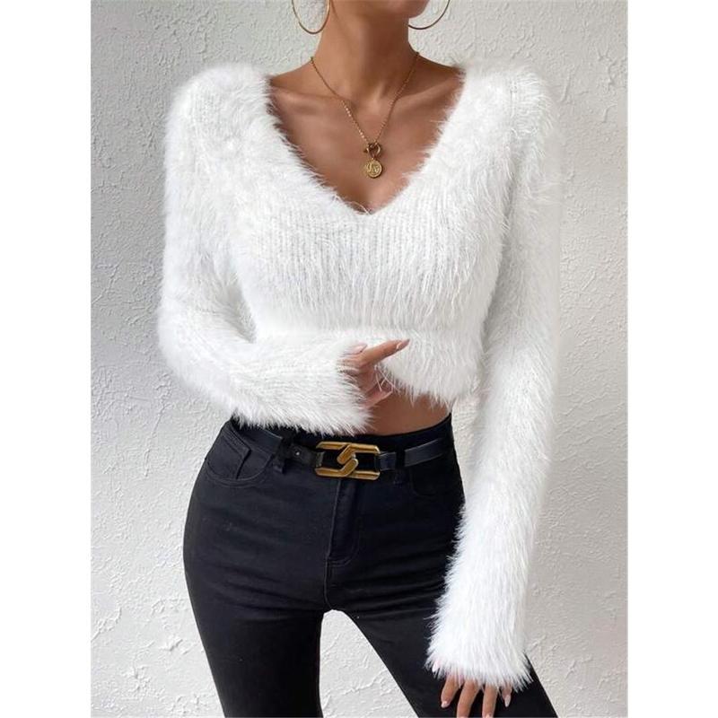 2024 New Arrival Hot Sale Autumn and Winter New Solid Color and V-neck Slim Fit All-Match Plush Short Women's Sweater